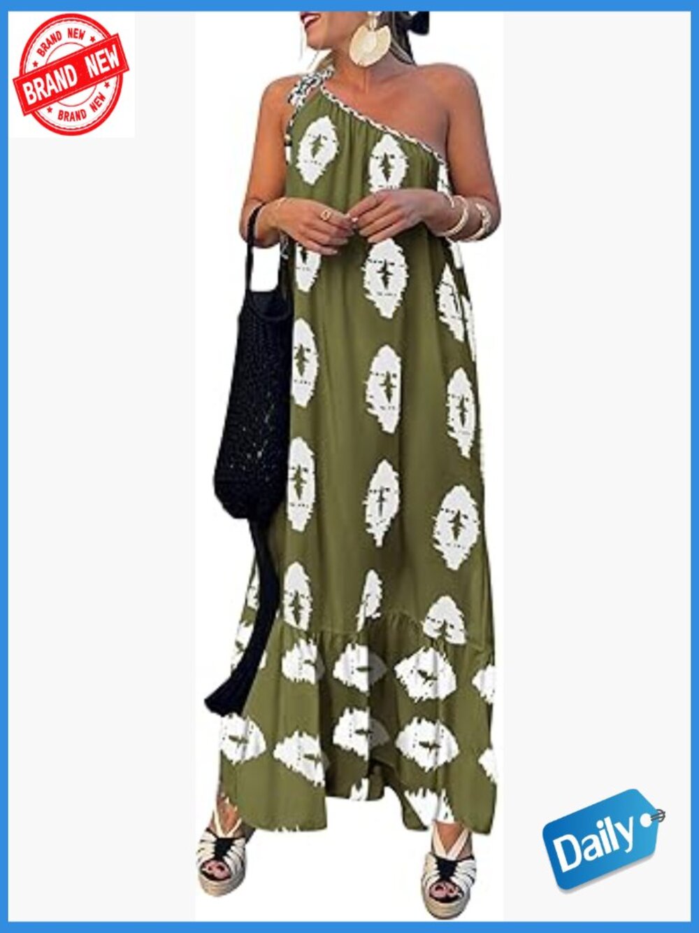 One Shoulder Maxi Dress Flowy Boho Long Sundress with Pockets